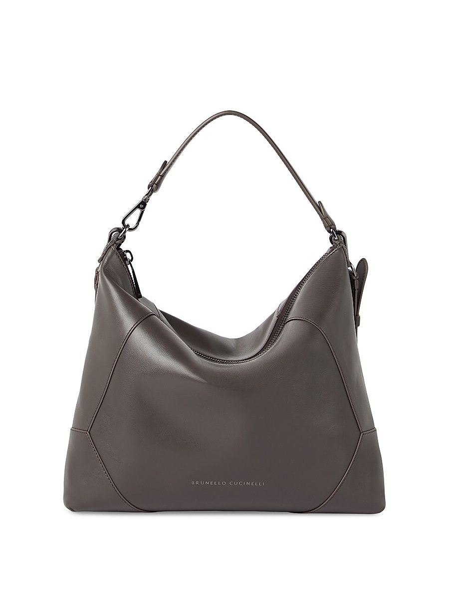 Women's Duo Hobo Bag in Calfskin with Monili - Rust Brown
