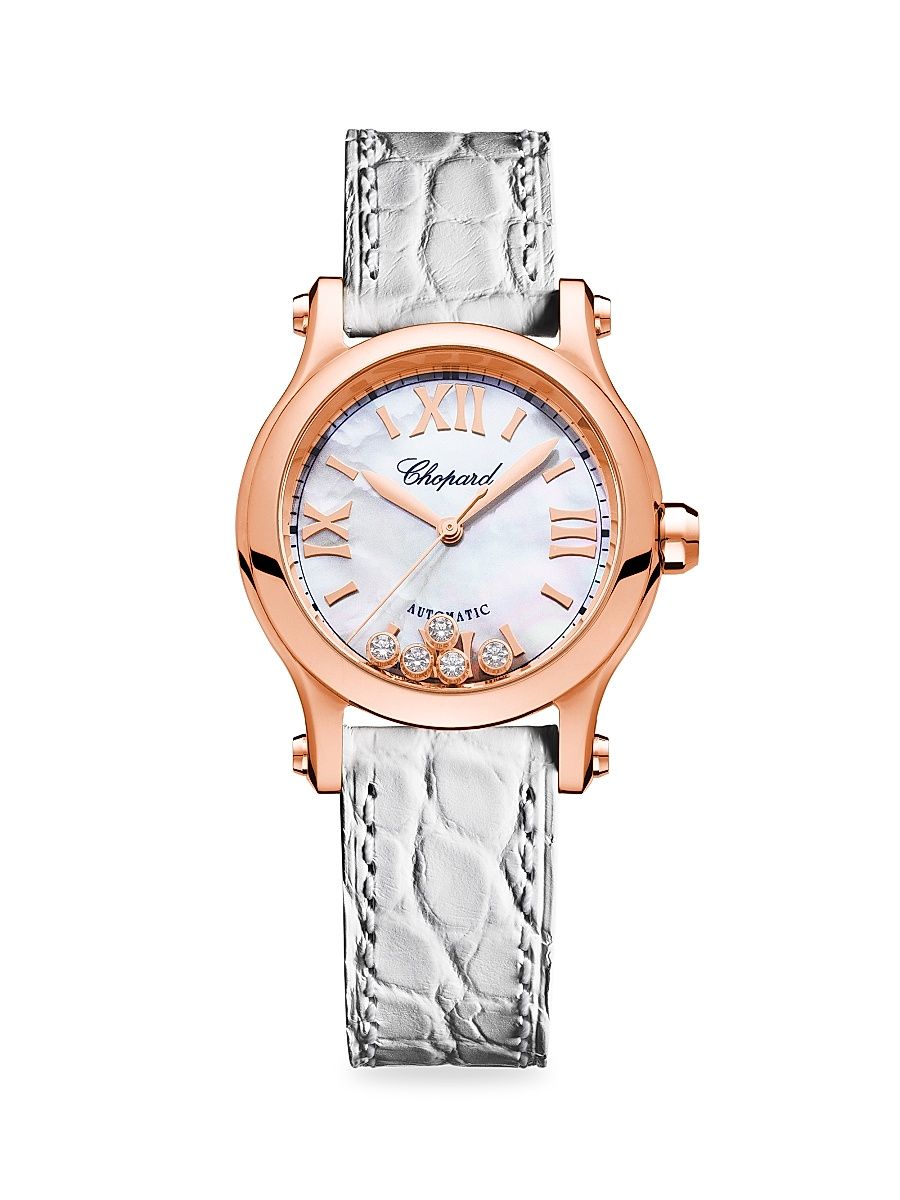 Women's Happy Sport 18K Rose Gold, Diamond & Alligator Strap Watch