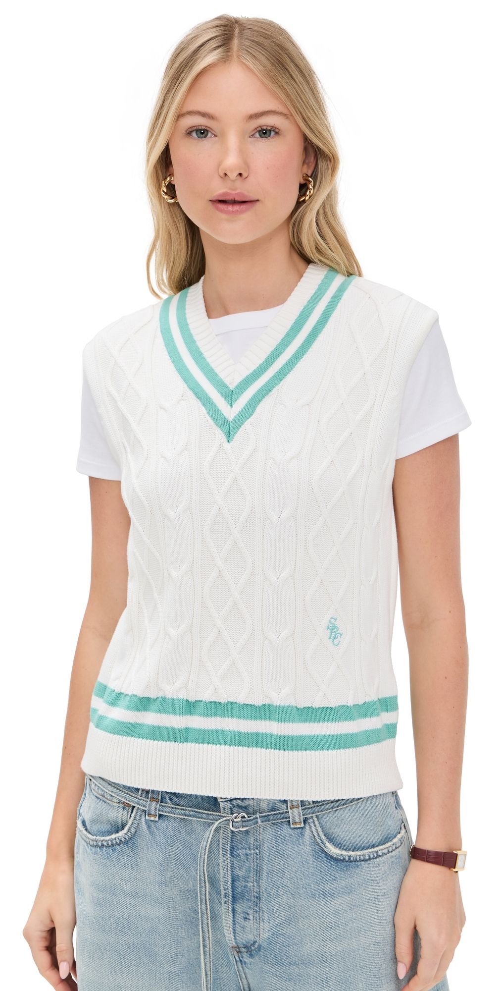 Sporty & Rich SRC Cableknit Vest Off White/Caribbean M