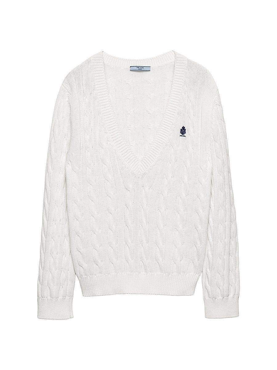 Women's Cable-Knit V-Neck Cotton Sweater - White - Size 2