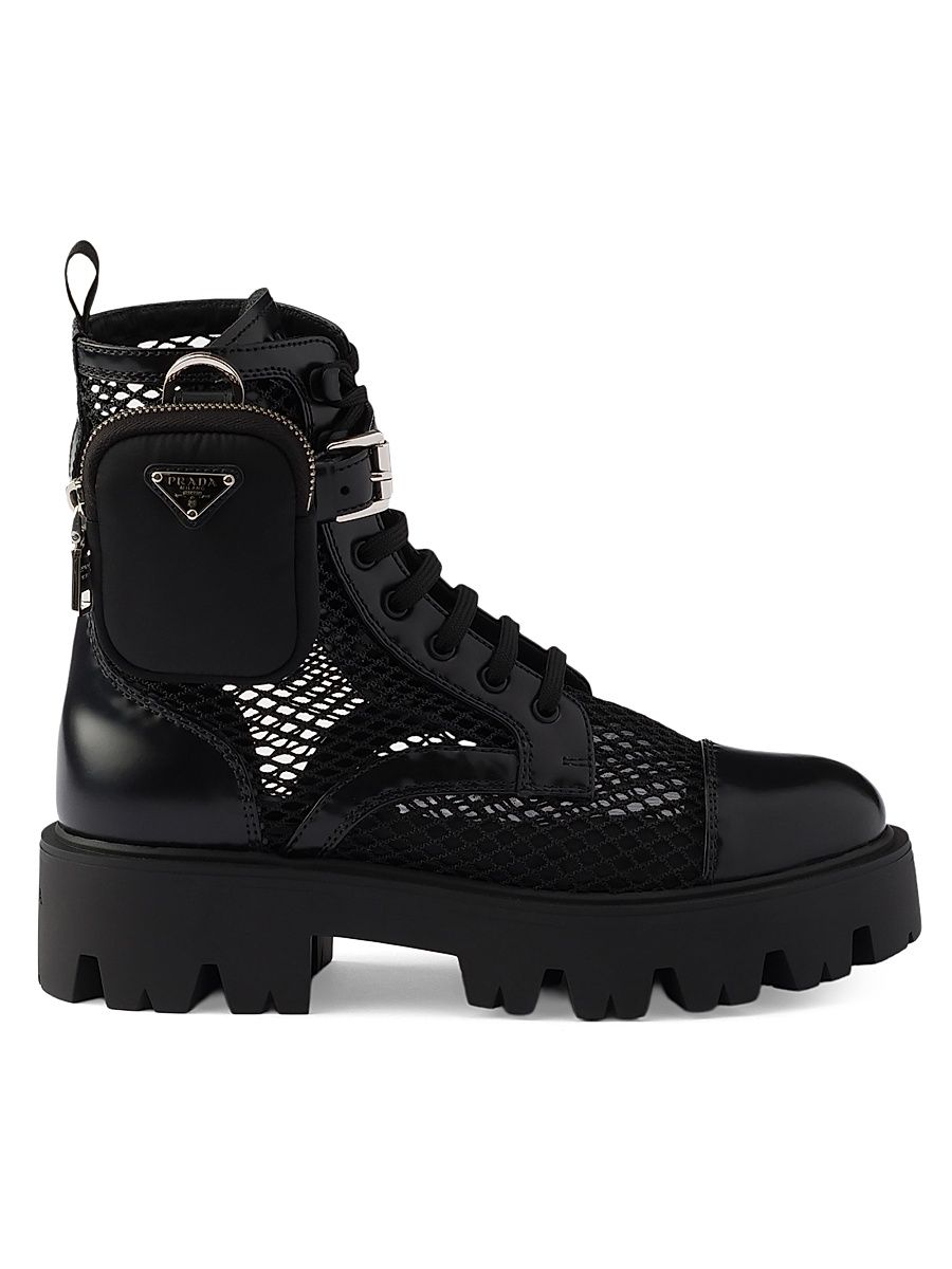 Women's Mesh Fabric and Brushed Leather Booties with Pouch - Black - Size 4.5