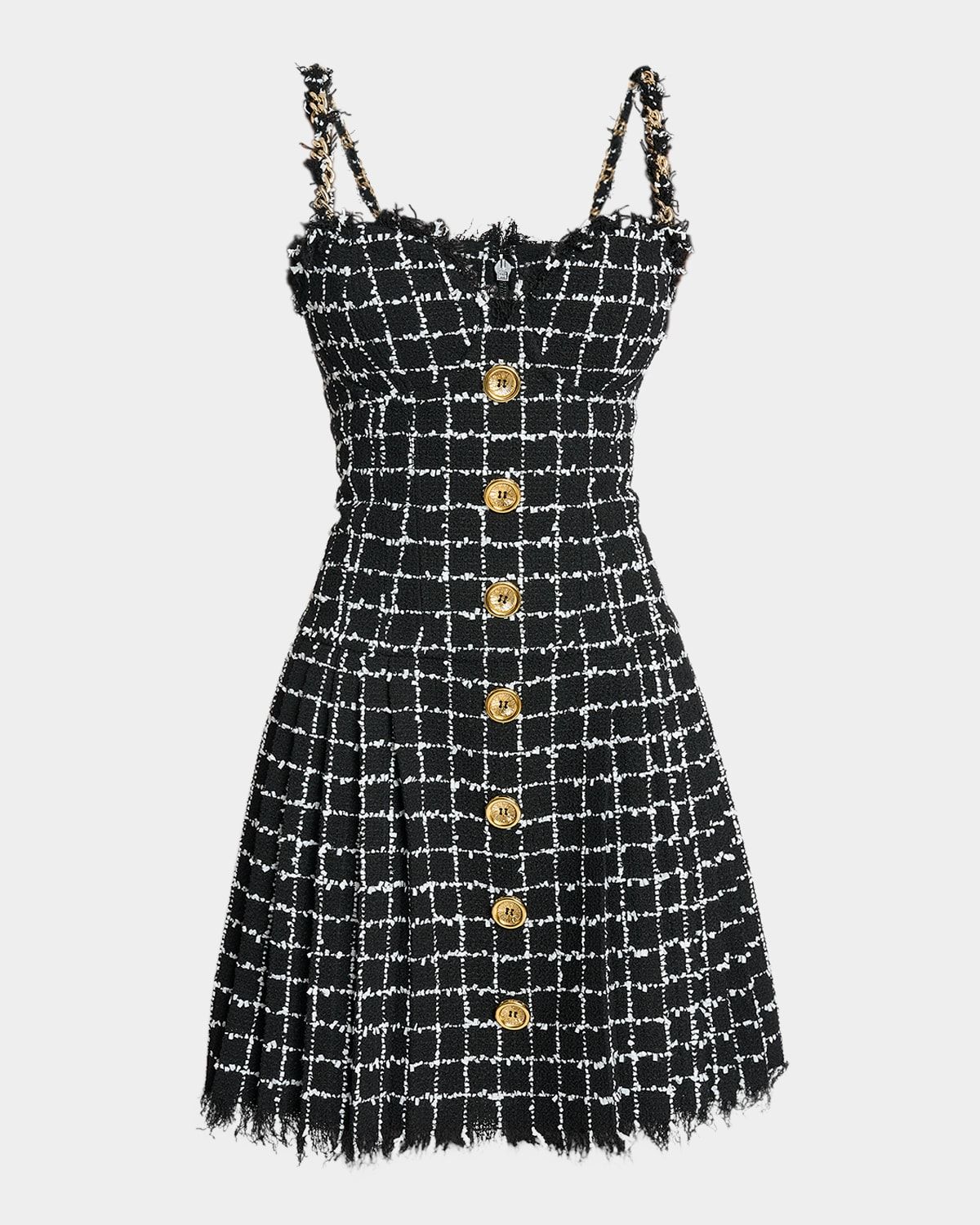 Buttoned Check Tweed Chain-Strap Mini Dress