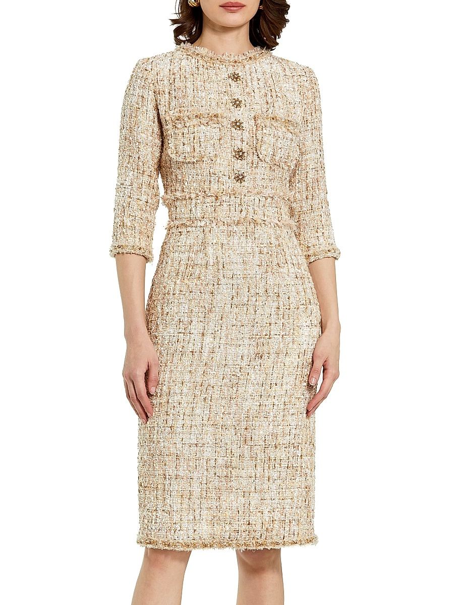 Women's Petite Embellished Tweed Round-Neck Midi-Dress - Blush - Size Petite 12