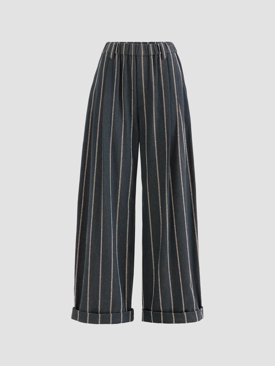 Brunello Cucinelli Women's Double Chalk Stripe Cotton and Linen Denim Barrel Trousers with Monili - Denim - Size 00