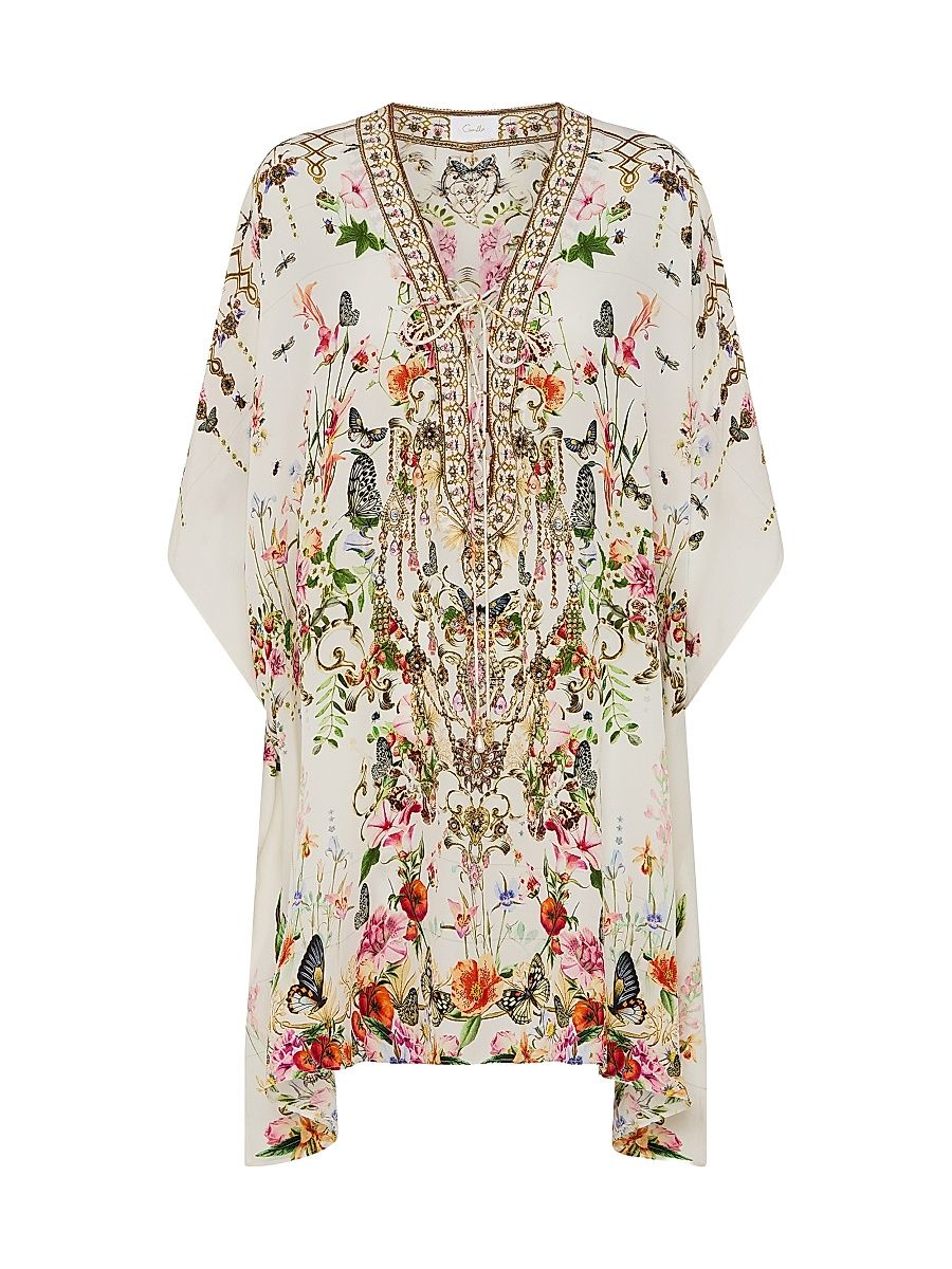 Women's Lace-Up Silk Mini Kaftan - Rose Garden Runaways