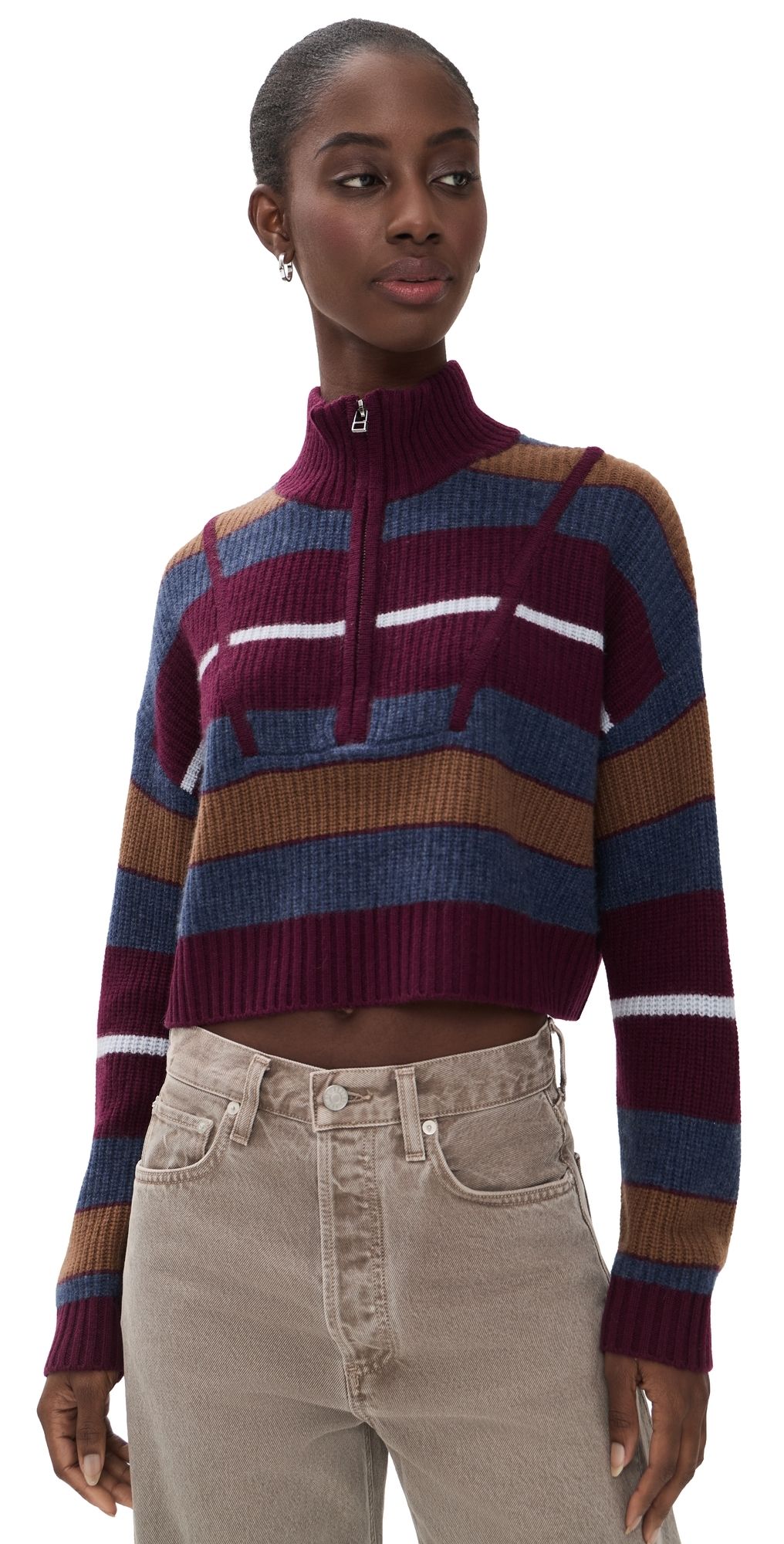 STAUD Cropped Hampton Cashmere Sweater Monaco Stripe M