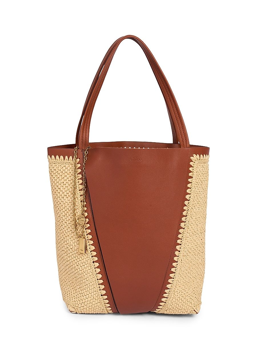 Women's Spin Medium Leather-Raffia Tote Bag - Clay Brown
