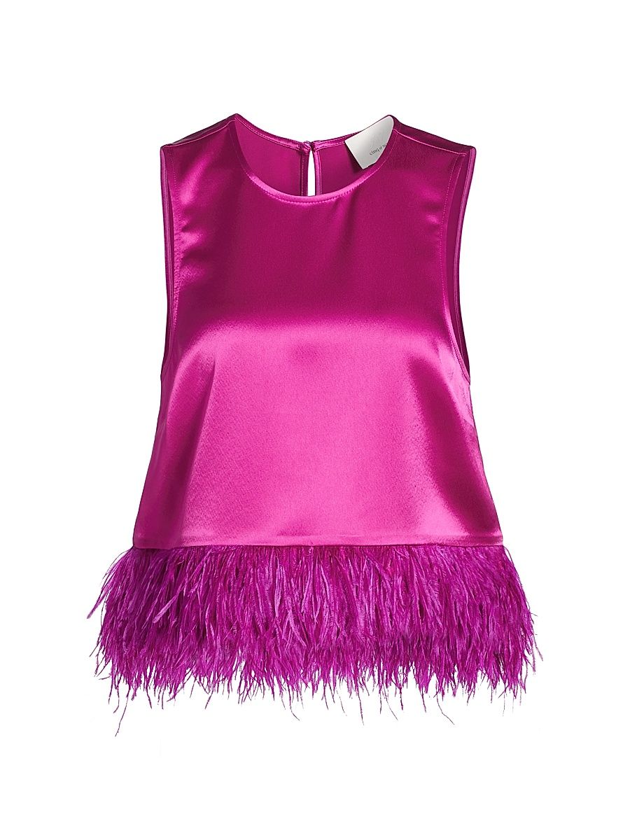 Women's Charisse Feather-Trimmed Satin Top - Plum Radish - Size Large