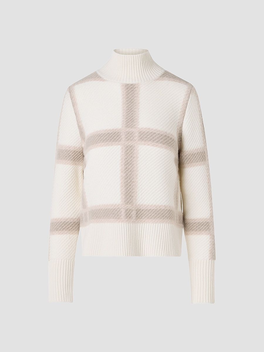 Women's Intarsia Plaid Wool-Cashmere Sweater - Winter White Cashew Oat - Size 10