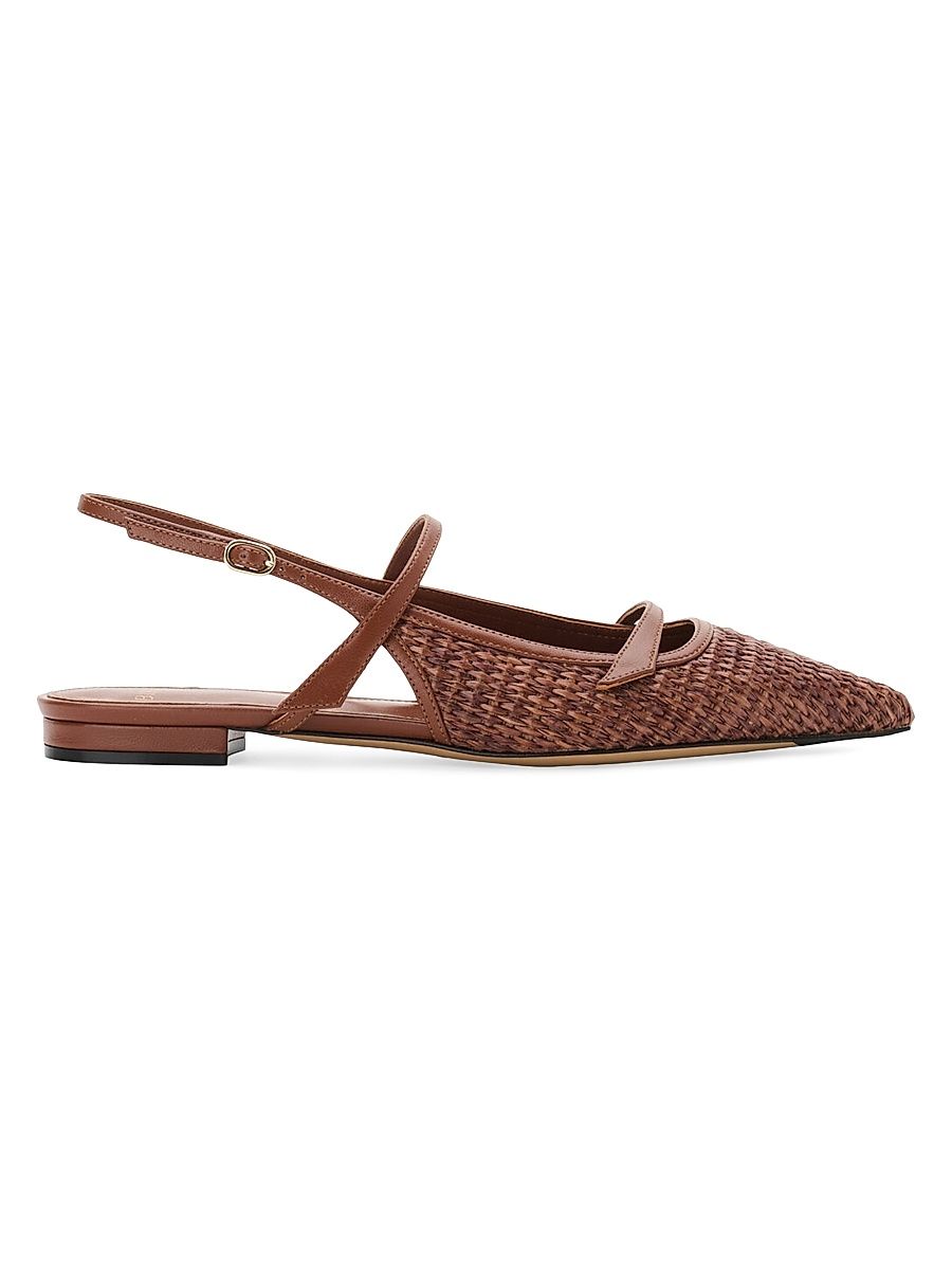 Women's Tita Leather-Trimed Raffia Flats - Chocolate Fondue - Size 10