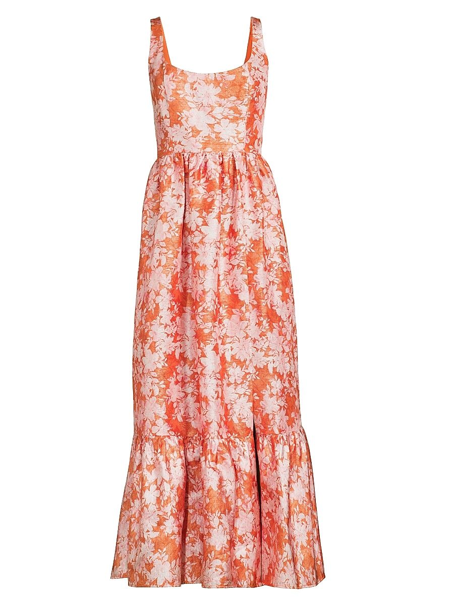 Women's Beanie Floral Metallic Jacquard Midi-Dress - Orange Vintage Layered - Size 10