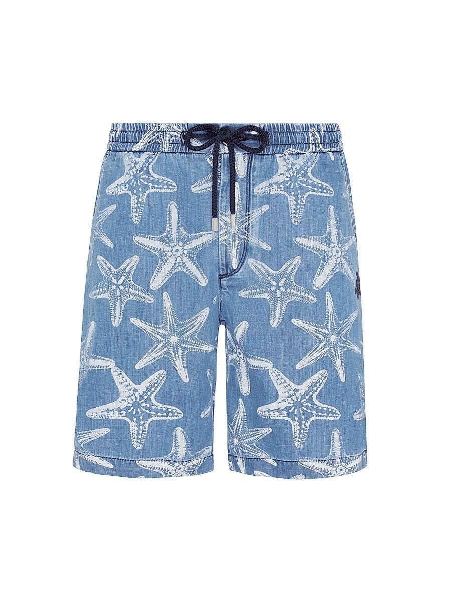 Men's Starfish-Printed Denim Shorts - Fadedwasheddenim - Size 40