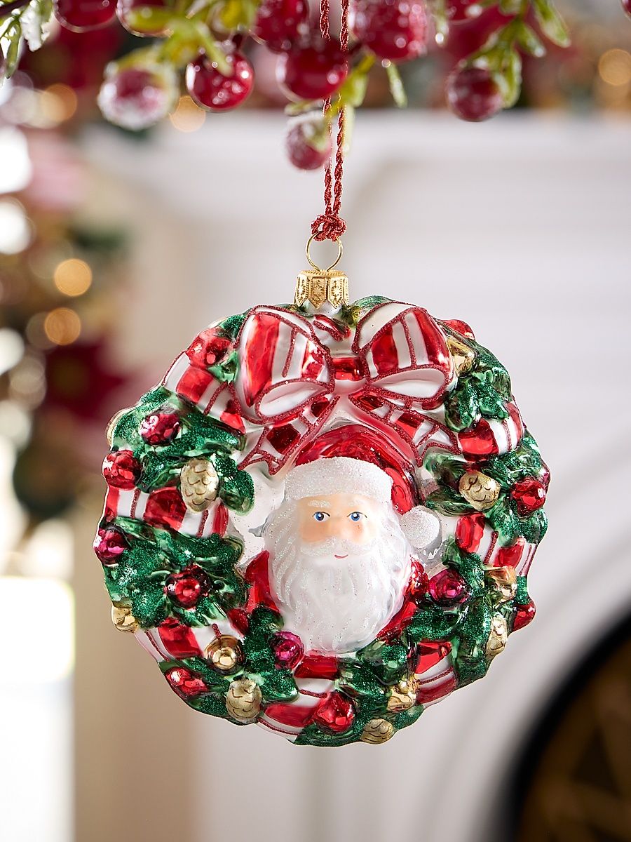 Santa Wreath Glass Ornament