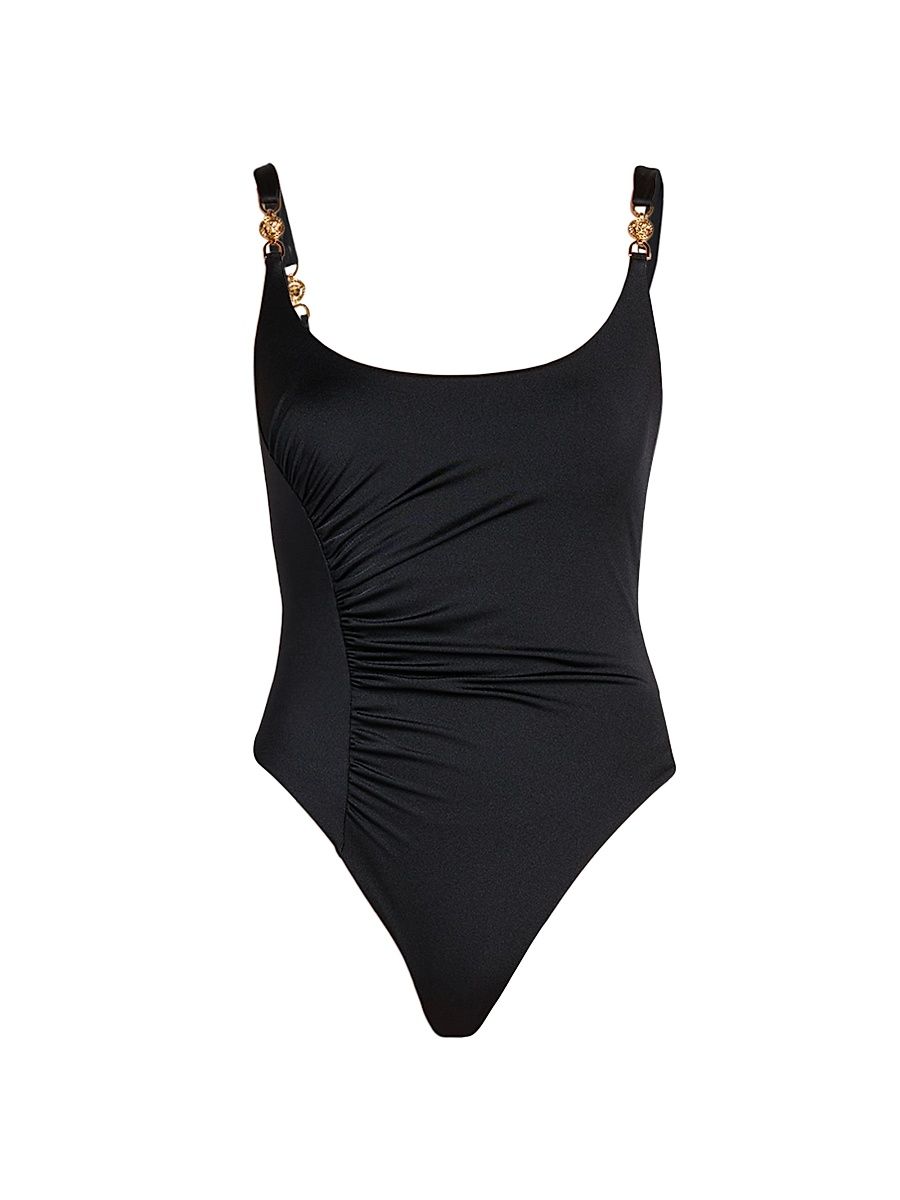 Women's Ruched Medusa Hardware One-Piece Swimsuit - Black - Size XL