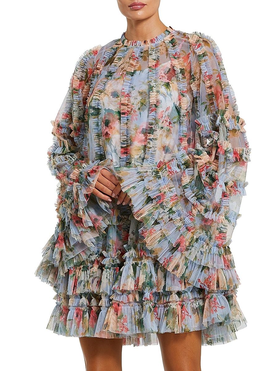Women's Cocktail Ruffled Floral Tent Dress - Blue Multi - Size 14