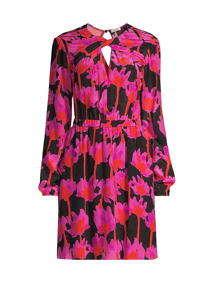 Women's Elasticized Floral Cut Out Dress - Black Pink Multi - Size 12