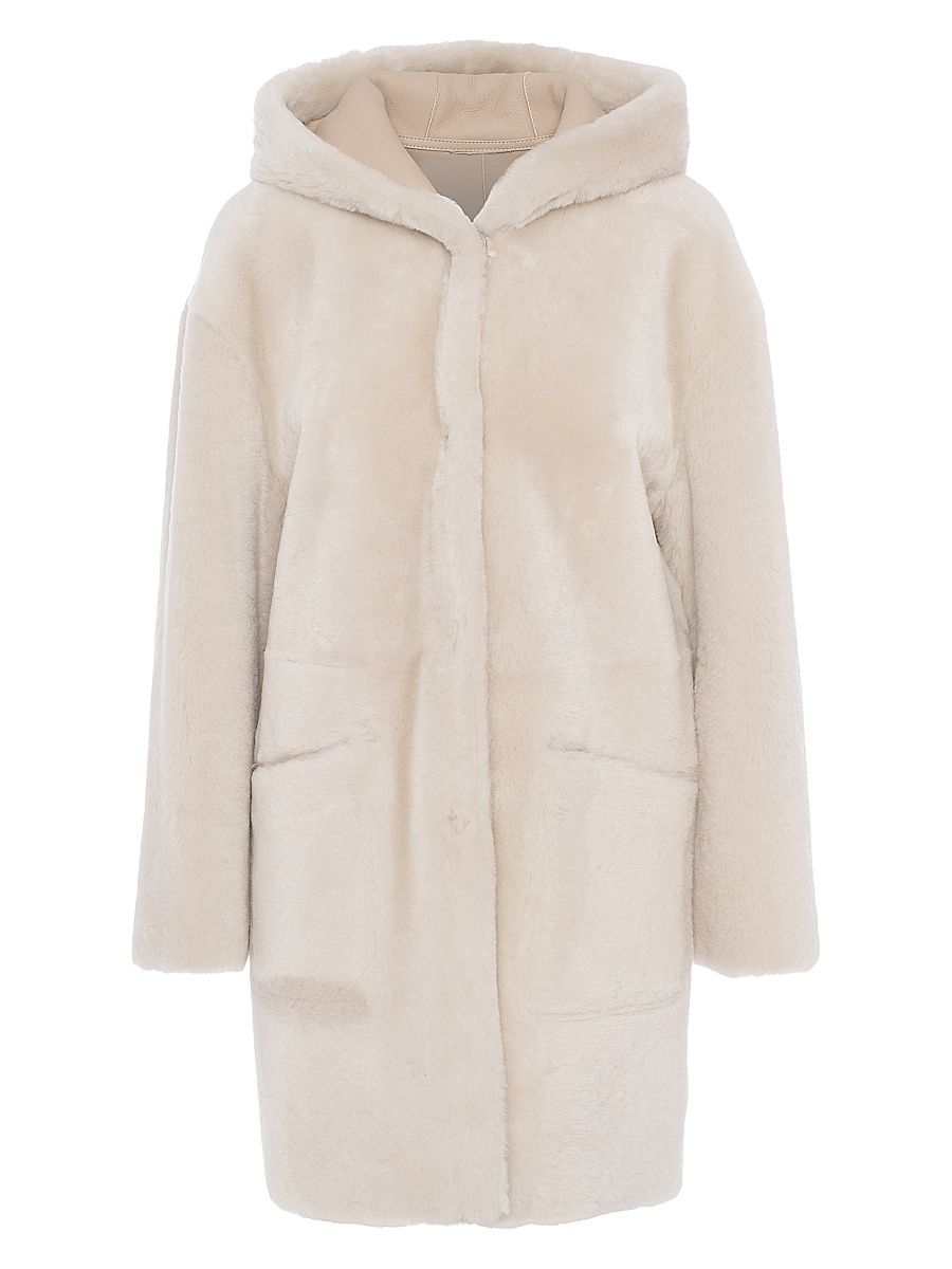 Women's Merino Shearling Lamb Hooded Coat - Cream - Size XL