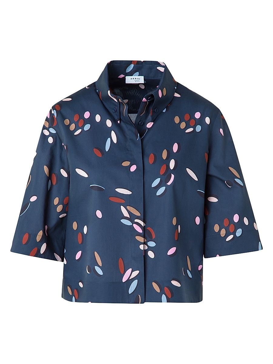 Women's Polka Dot Print Crop Short-Sleeves Shirt - Ink Multicolor - Size 16