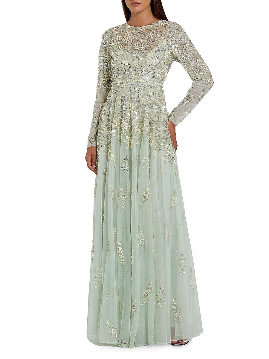 Women's Pearl-Embellished Mesh A-Line Gown - Sage - Size 20