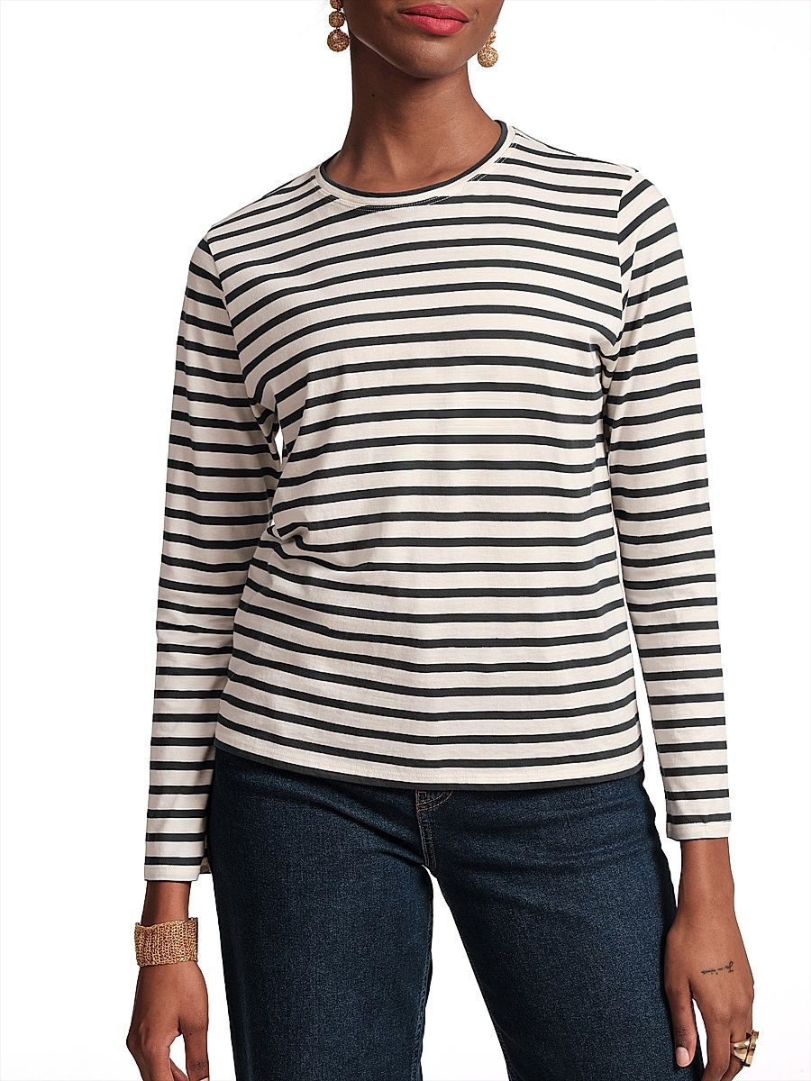 Women's Striped Cotton Long-Sleeve T-Shirt - Oyster Black - Size Large