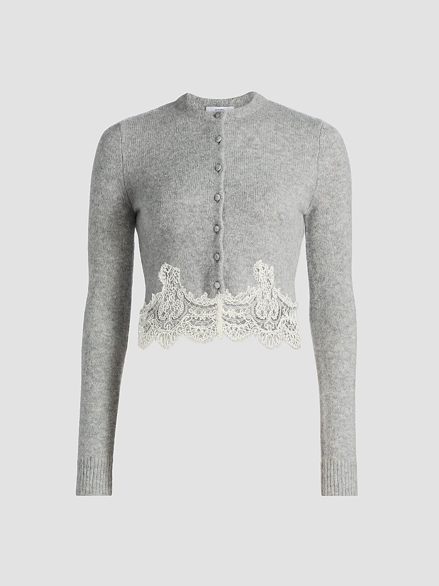 Women's Briar Lace-Trim Cashmere Crop Cardigan - Heather Grey - Size XL