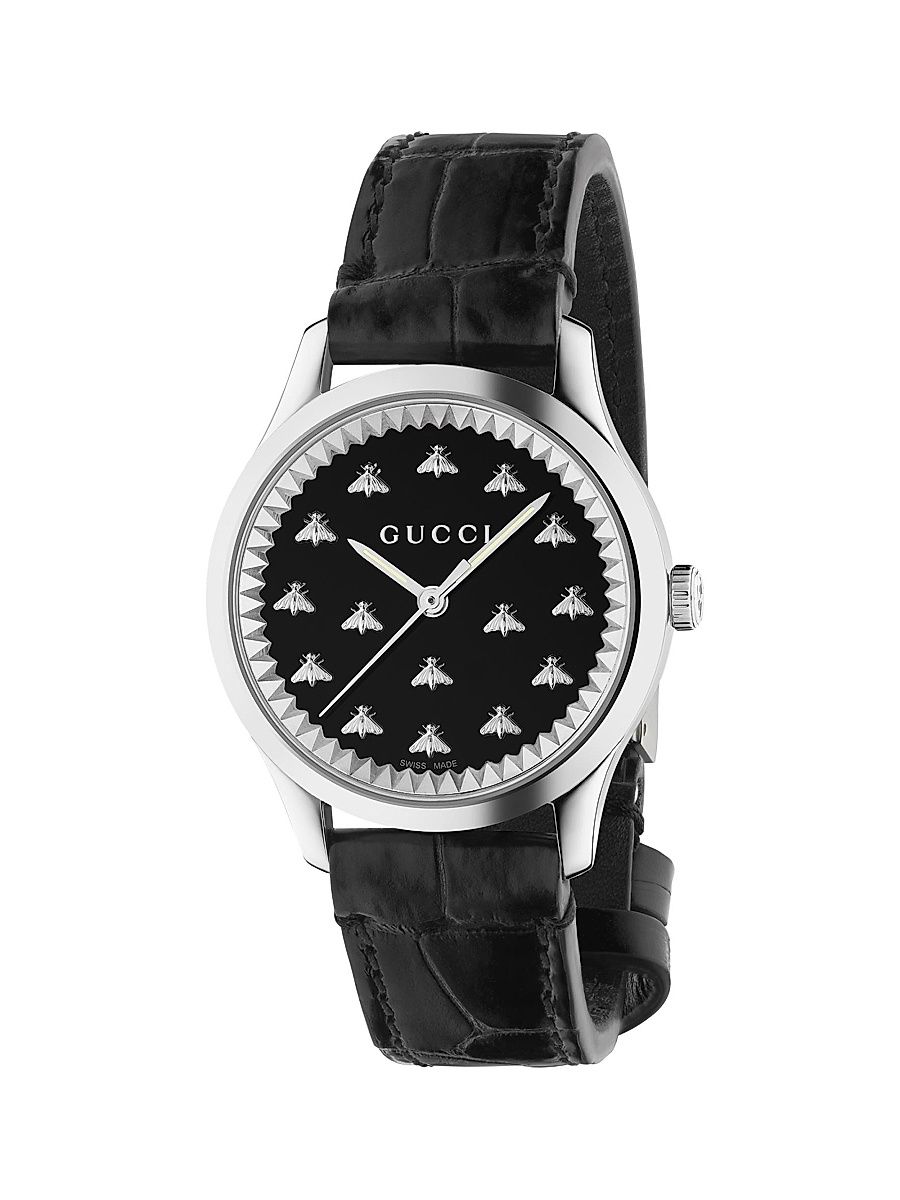 Men's G-Timeless Stainless Steel, Black Onyx & Alligator-Effect Leather Bee Watch - Black