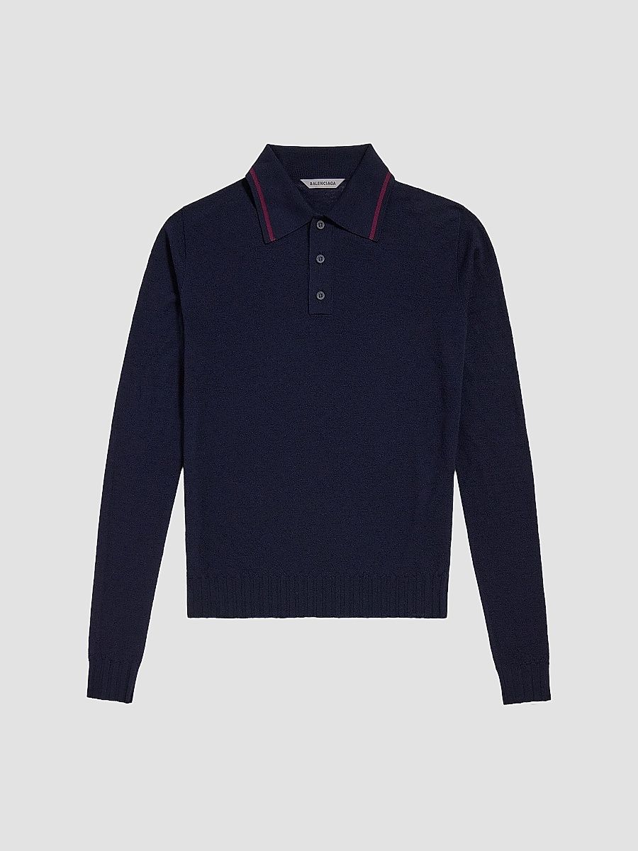 Balenciaga Men's Knitted Long Sleeve Polo Shirt - Navy - Size Small