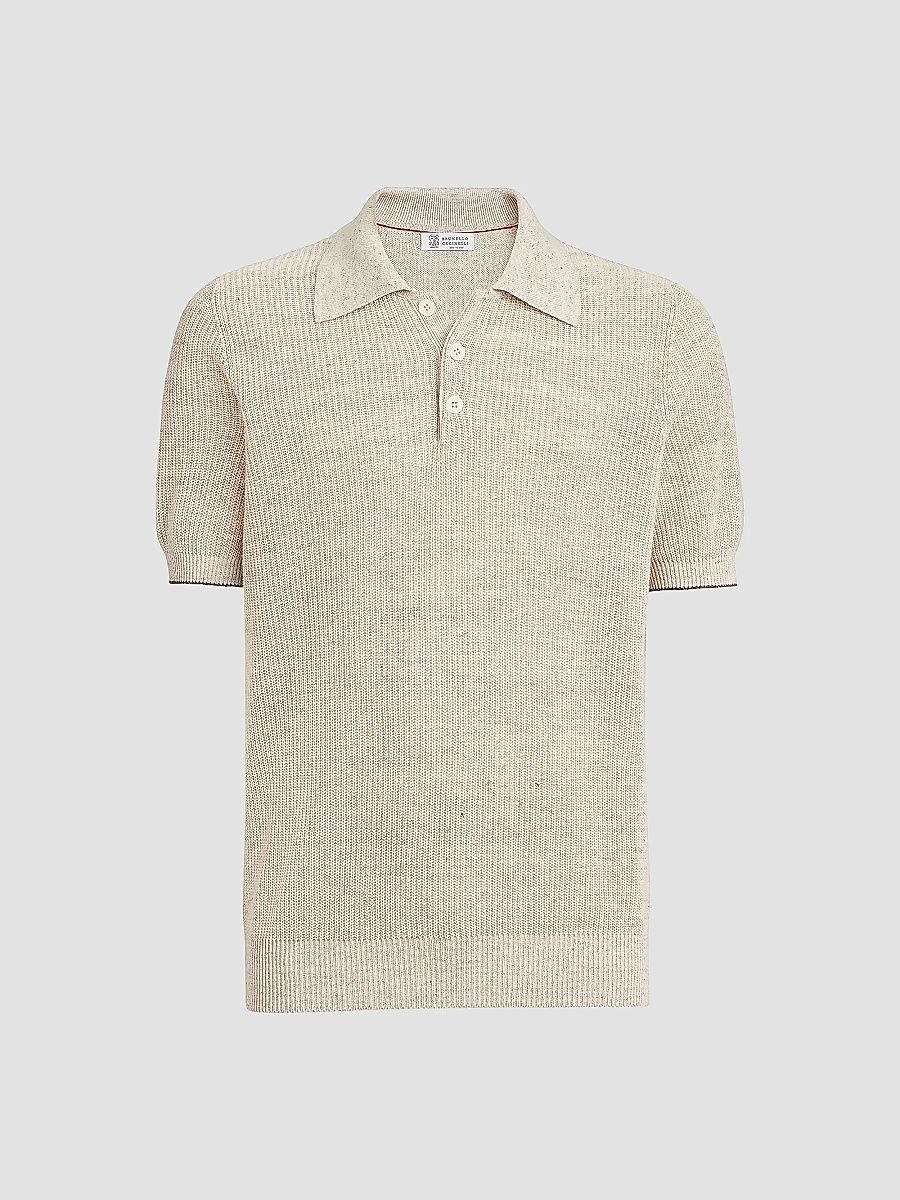 Brunello Cucinelli Men's Linen and Cotton Half English Rib Knit Polo Shirt - Yuta - Size 38