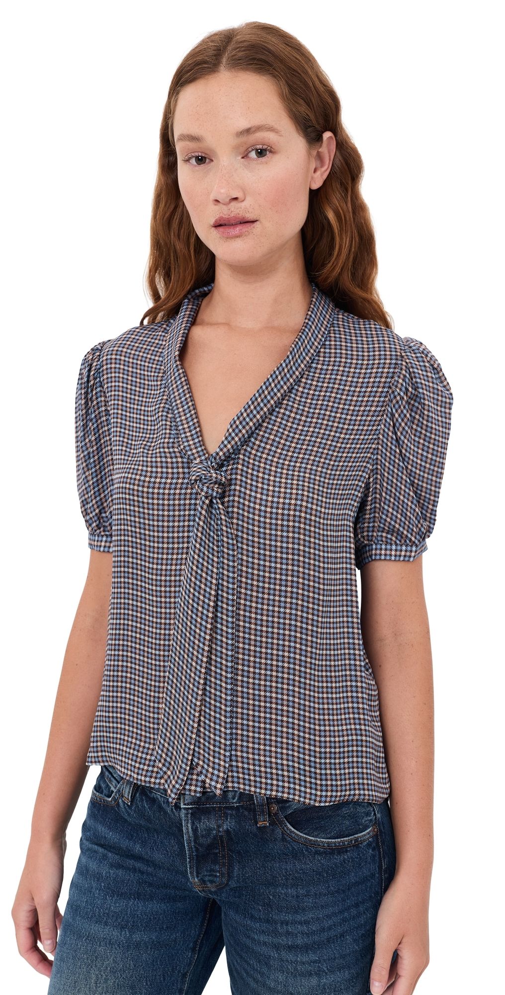 FRAME The Sonnet Silk Blouse Chestnut Multi Plaid XL