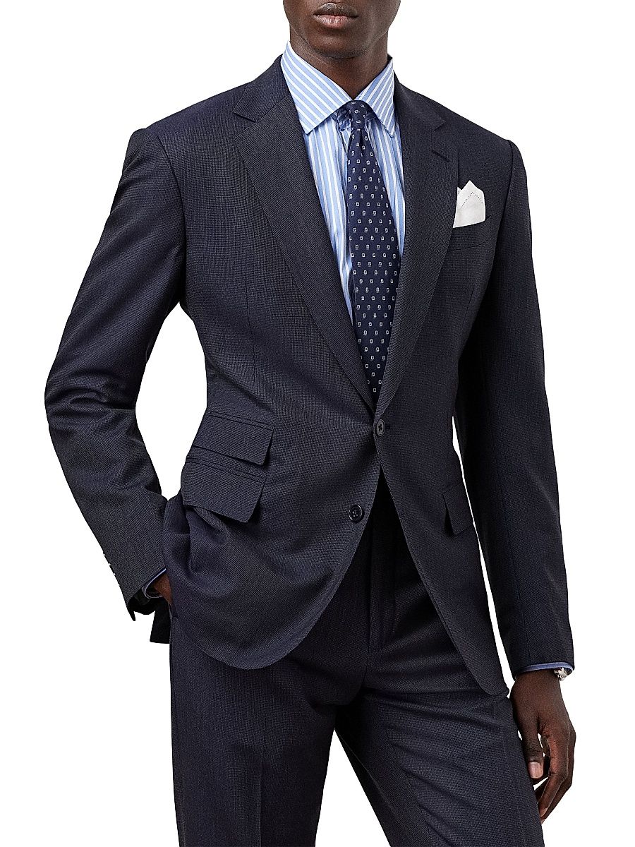 Men's Wool Single-Breasted Suit - Navy Grey - Size 46
