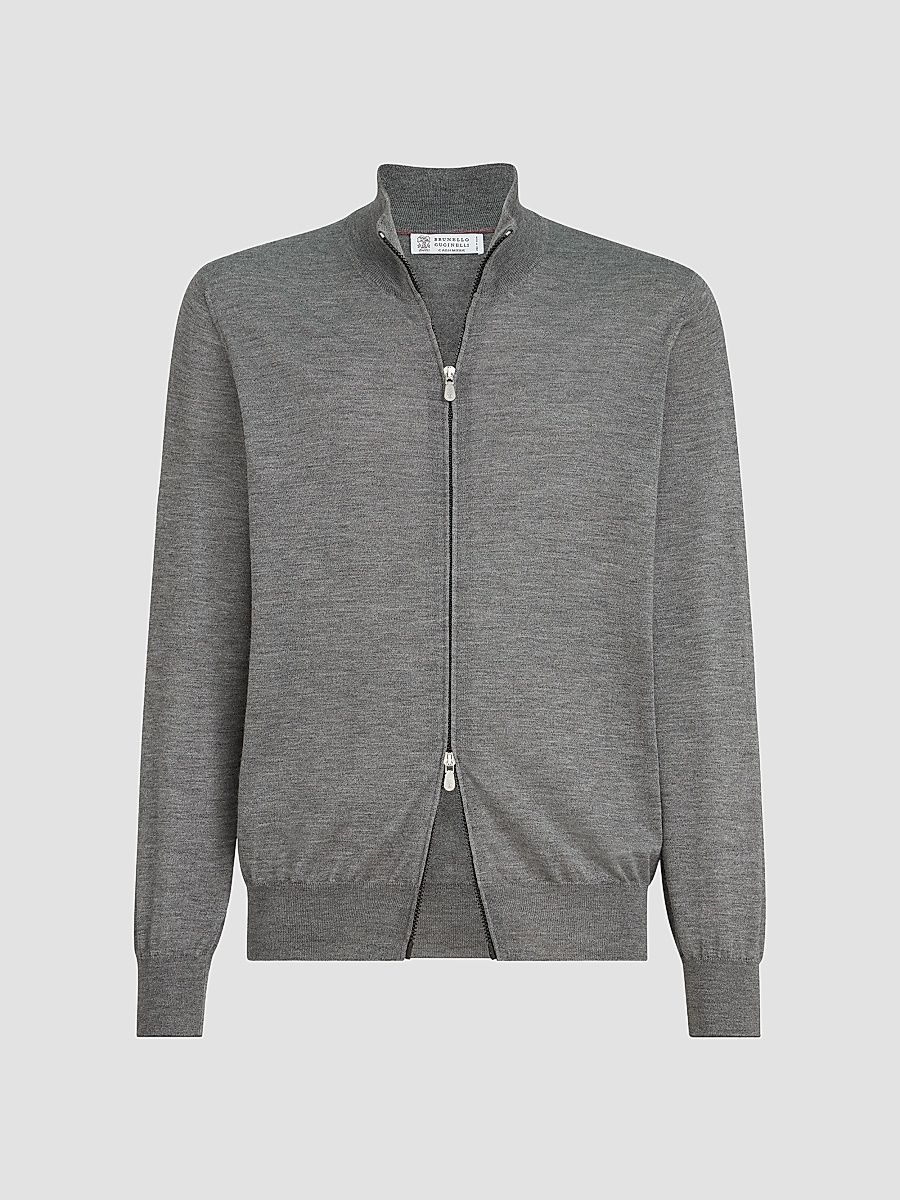Brunello Cucinelli Men's Cashmere and Silk Lightweight Cardigan with Zipper - Dark Grey - Size 48