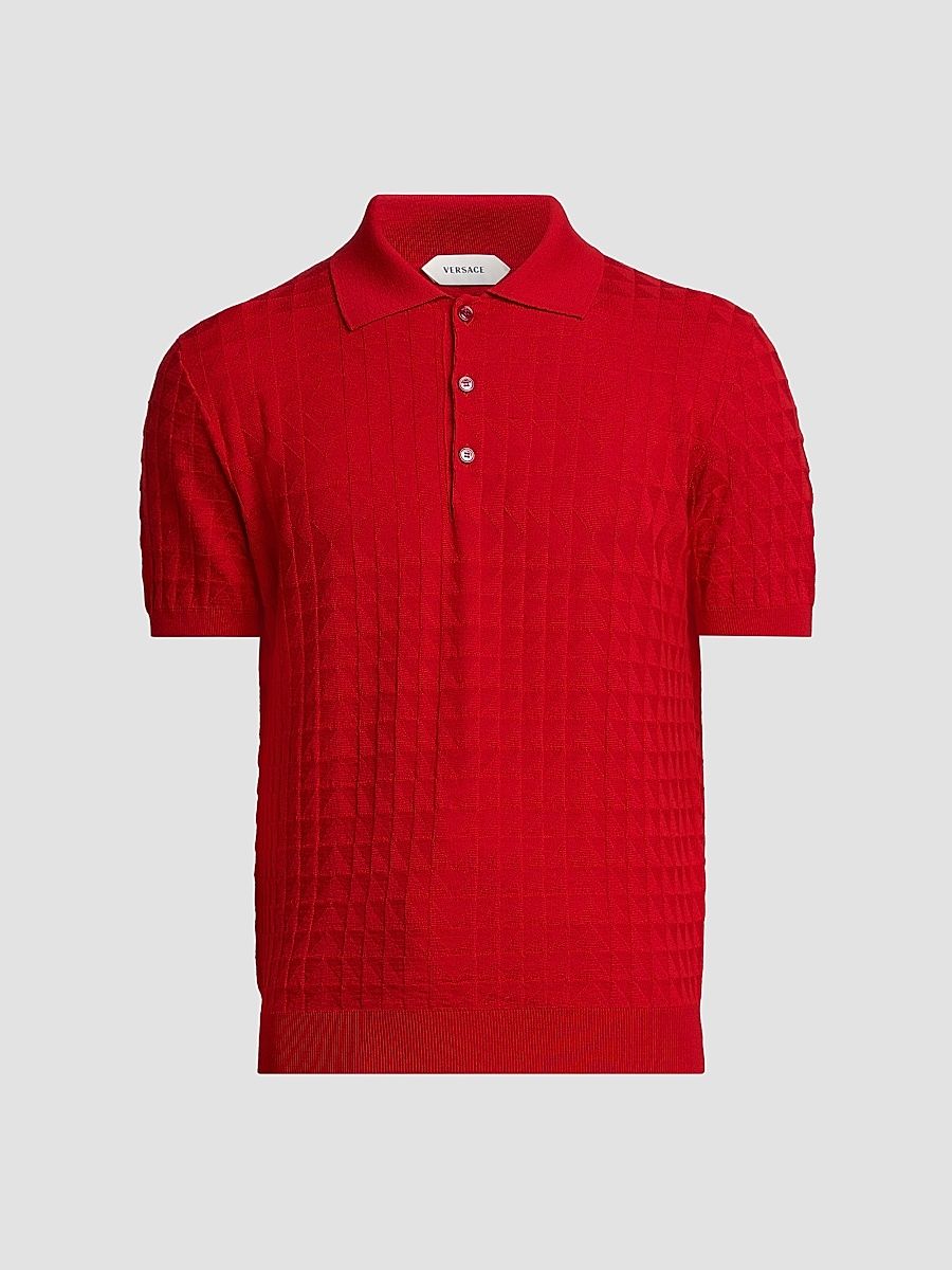 Men's Textured Wool Knit Polo Sweater - Red - Size 44