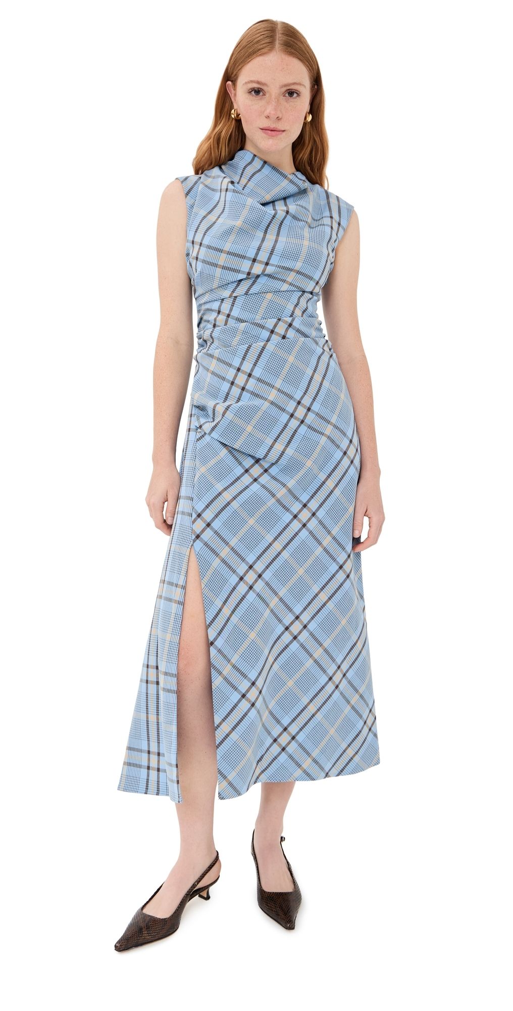 SIMKHAI Burke Draped Midi Dress Horizon Plaid 0