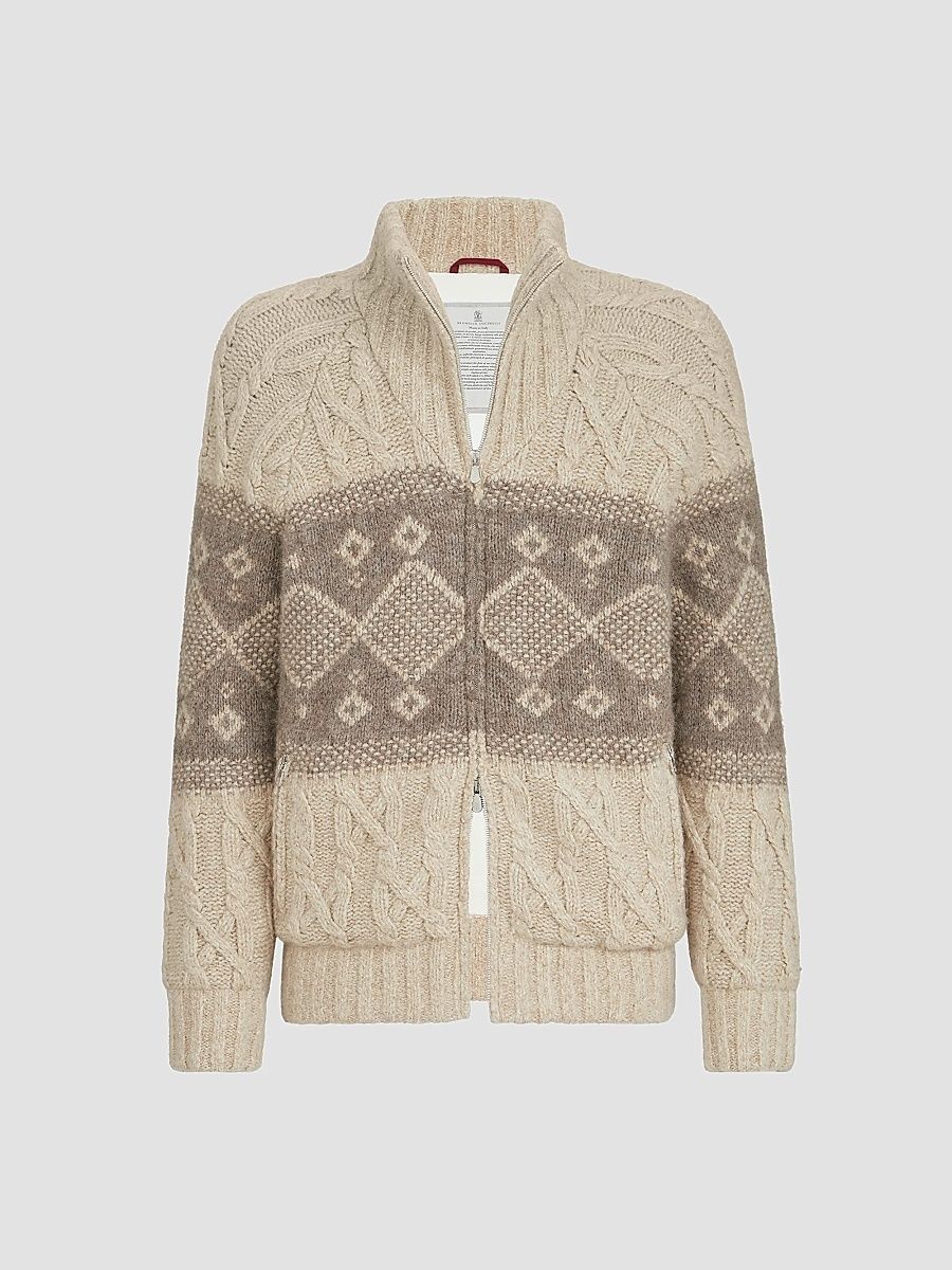 Men's Virgin Wool, Silk and Cashmere Chiné Cable Knit Down Jacket - Sand - Size 38