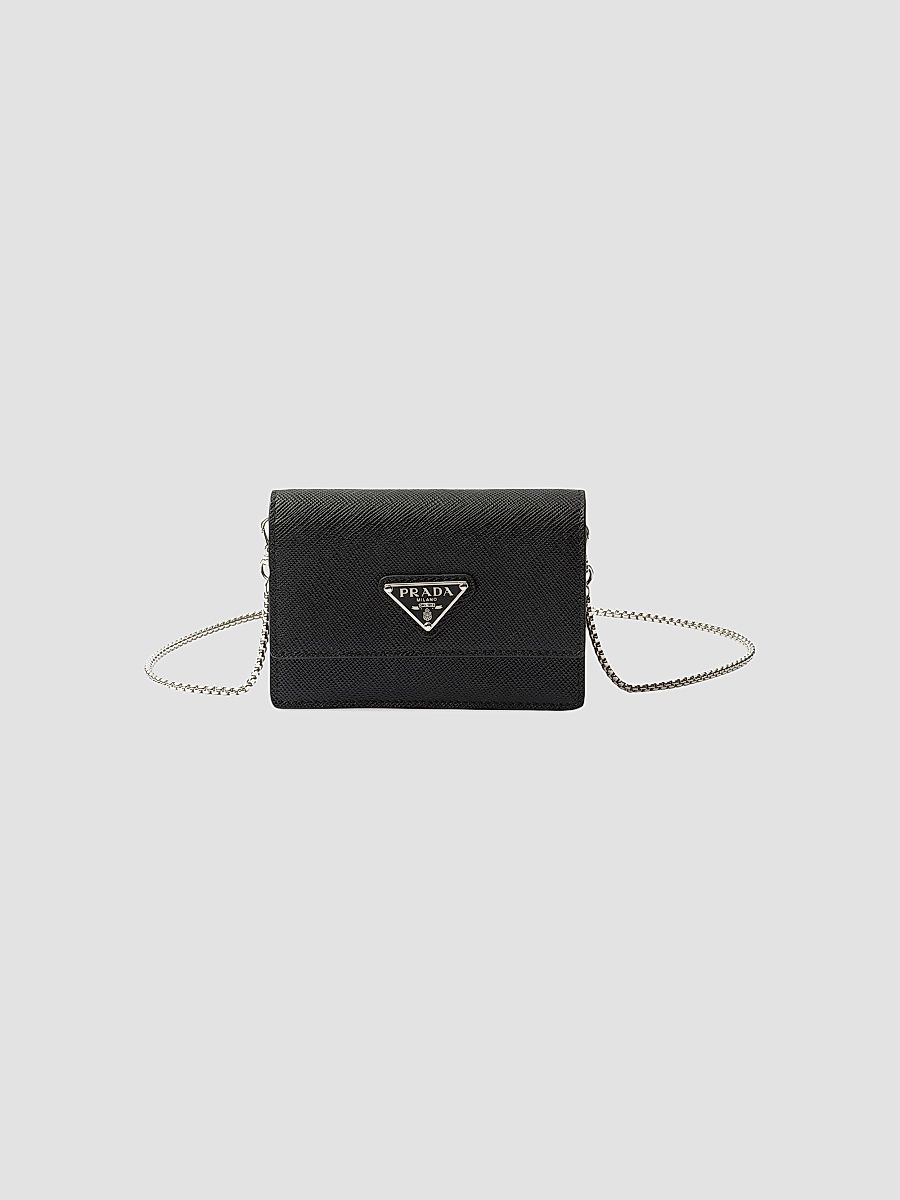 Prada Women's Saffiano Leather Card Holder with Shoulder Strap - Black