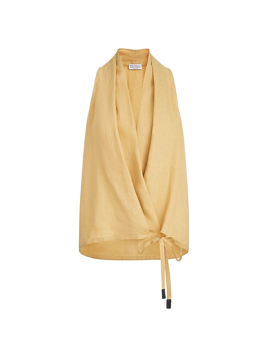 Women's Linen Wrap Effect Vest with Monili - Yellow - Size Large