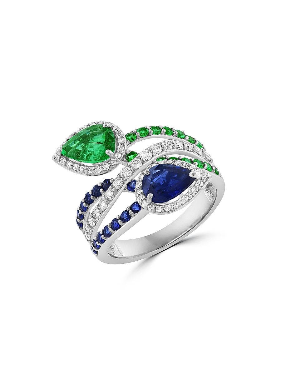 Women's 14K White Gold, Emerald, Sapphire & 0.49 TCW Diamond Ring - White Gold - Size 7