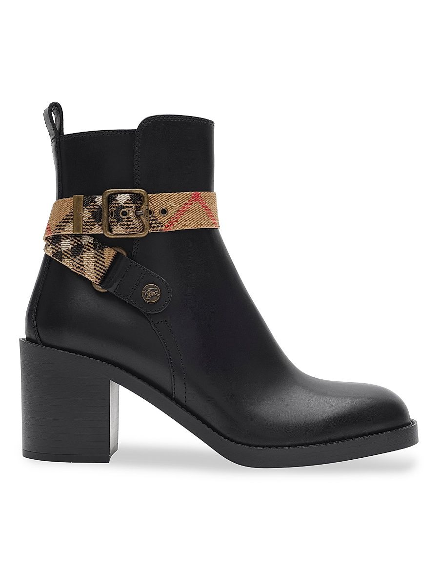 Women's Huntley Check-Strap Leather Ankle Boots - Black - Size 6