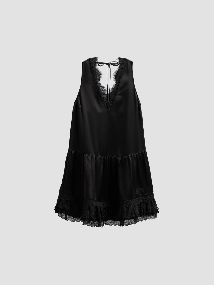 Ganni Women's Fluid Satin V-Neck Lace Mini Dress - Black - Size 8
