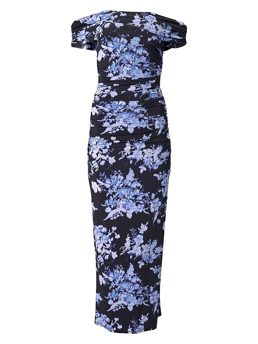 Women's Cabana Floral Off-The-Shoulder Gathered Midi-Dress - Midnight Multi - Size Large
