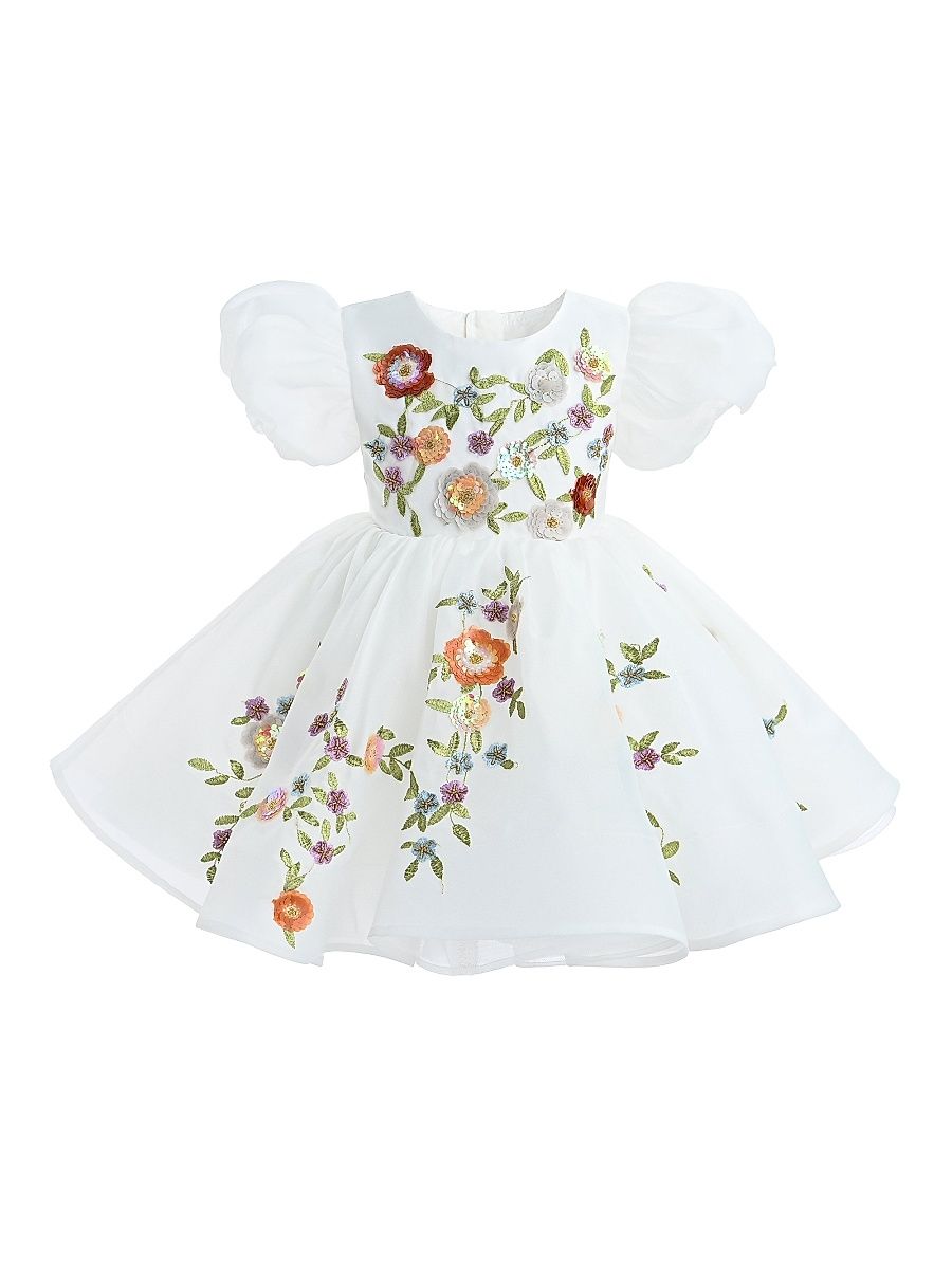 Girl's Embroidered Floral Sparkle Dress - White - Size 9