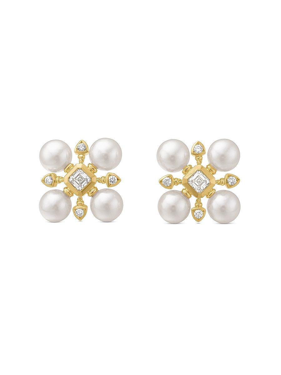 Women's Renaissance Pearl Stud Earrings in 18K Yellow Gold with Pearls and Diamonds, 16.5MM - Akoya Wht Pearl