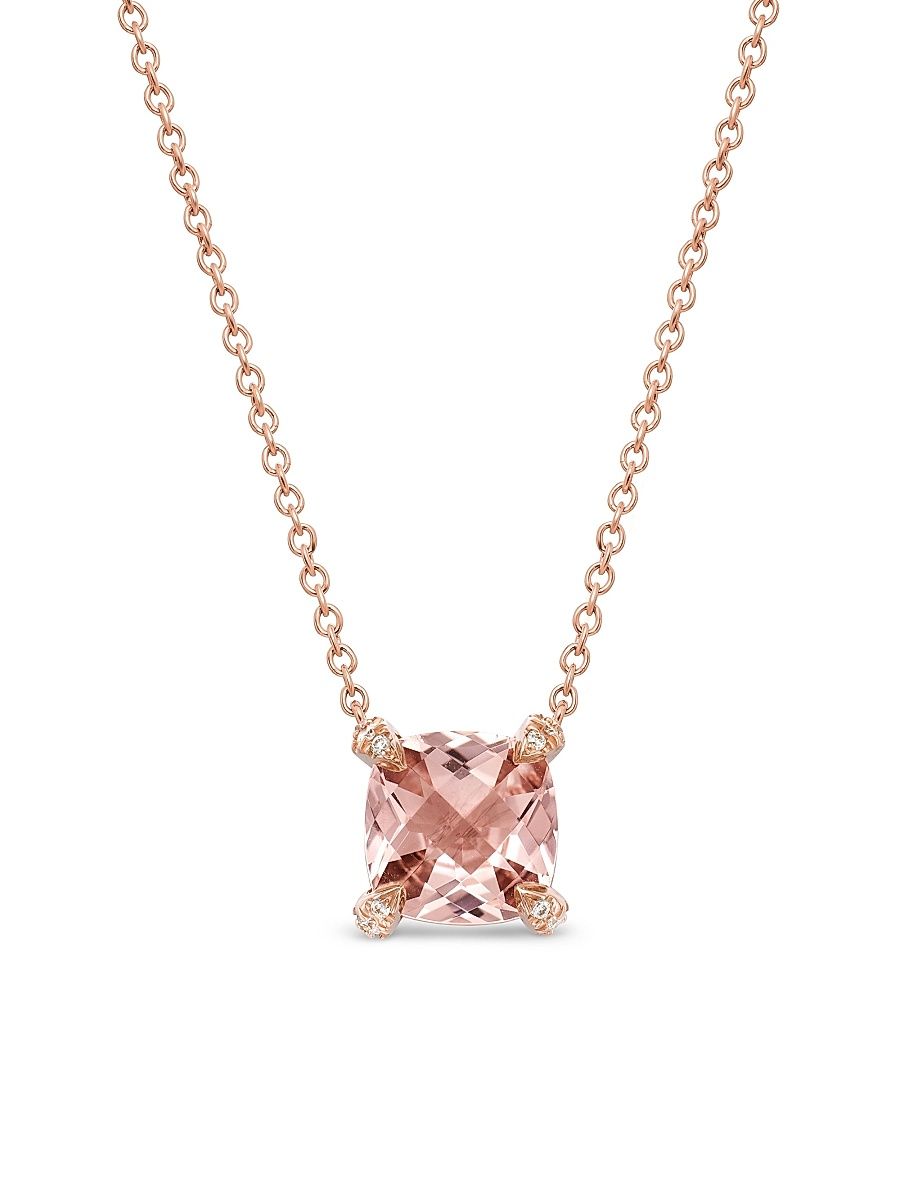 Women's Petite Chatelaine Pendant Necklace in 18K Rose Gold with Morganite and Diamonds, 7mm - Morganite - Size 18