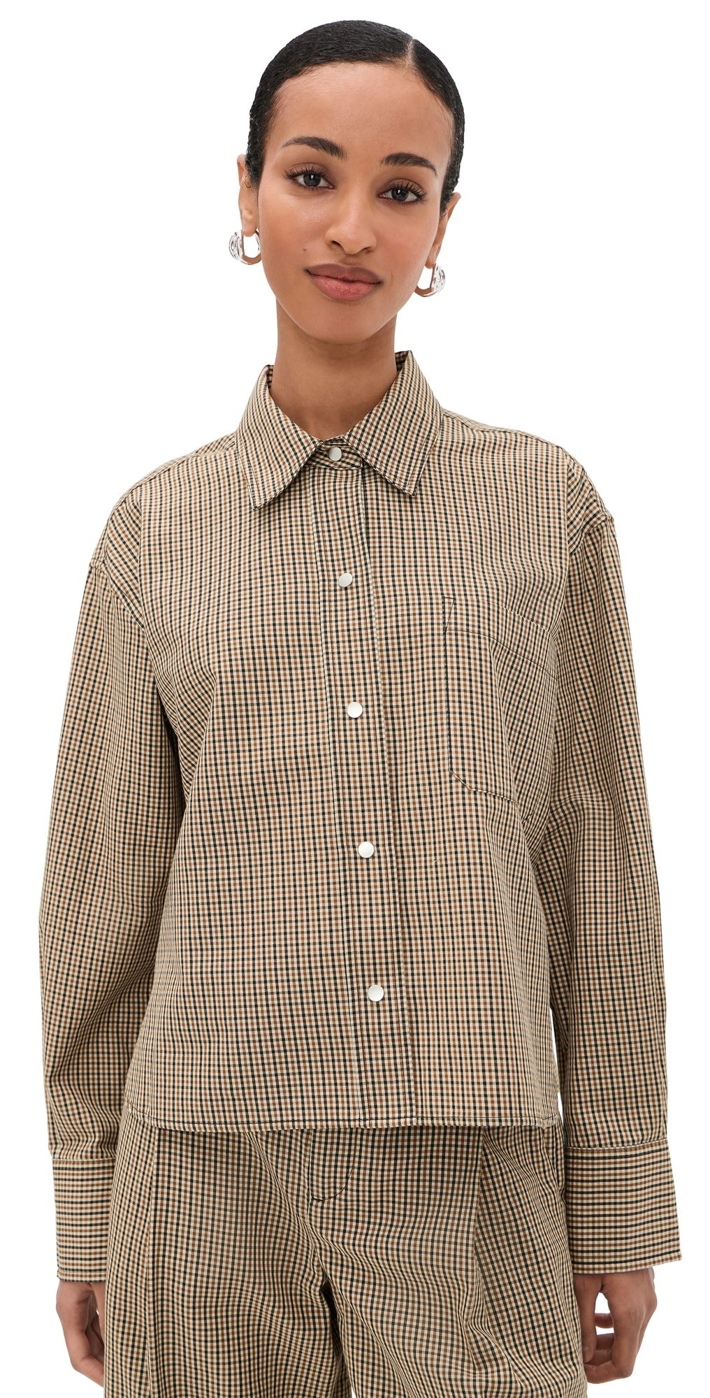 Vince Cropped Button Down Shirt Lt Wheatstone Check XS