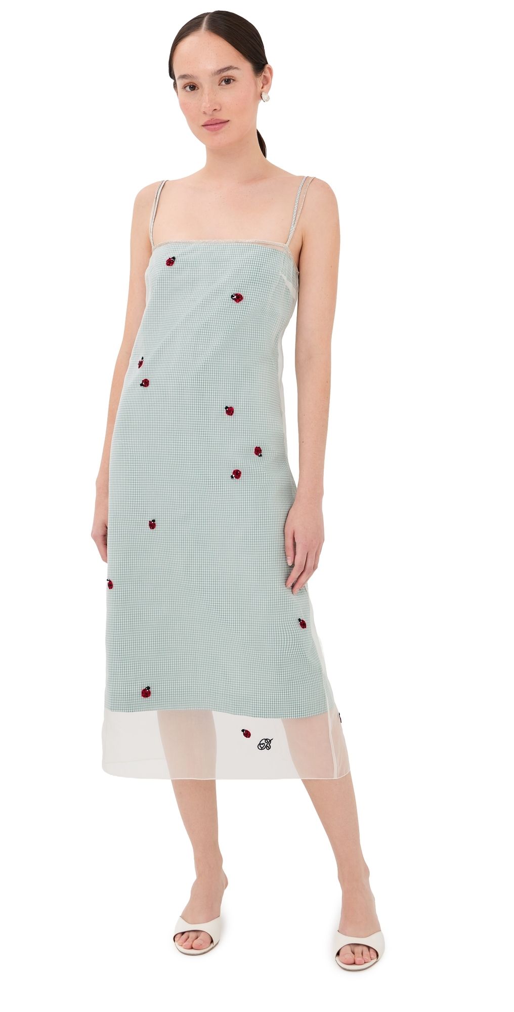 Bernadette Rachel Embroidered Silk Slip Dress Lady Bugs Embroidery Green 44