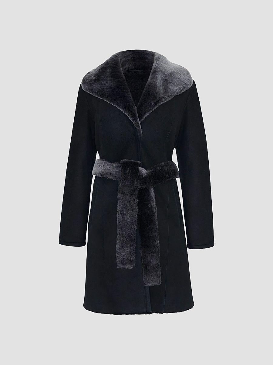 Gorski Women's Merino Lamb Short Coat with Belt - Black Brisa - Size XL
