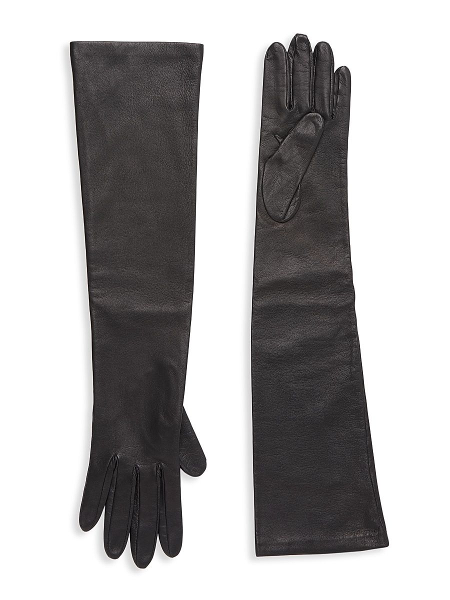 Women's Leather Elbow-Length Gloves - Black - Size 6.5