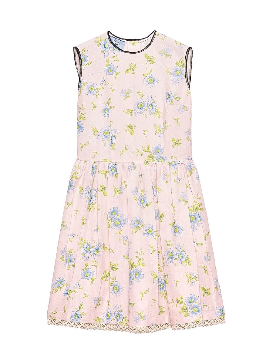 Women's Pleated Floral Print Linen Dress - Pink - Size 14