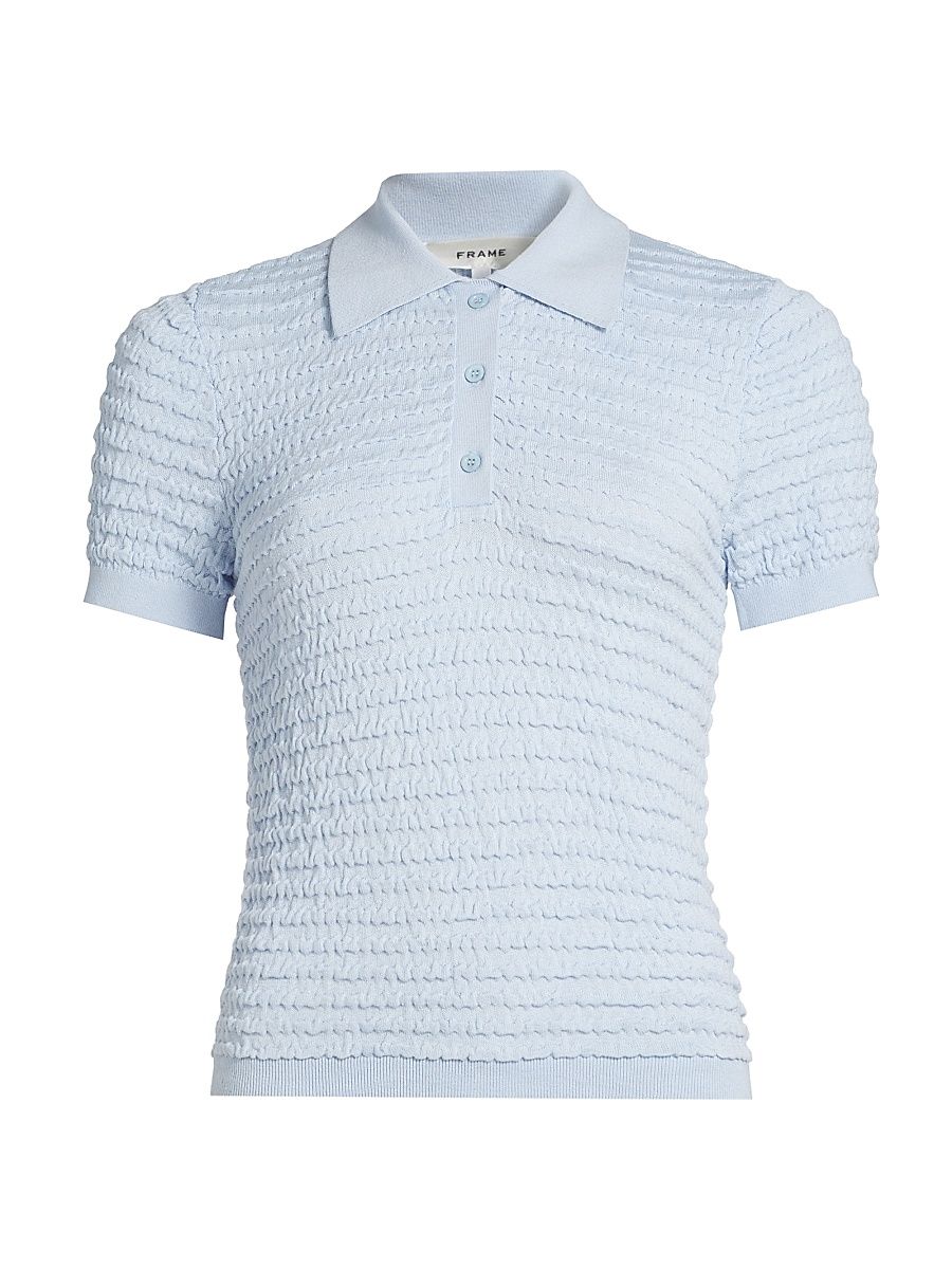 Women's Smocked Silk-Cotton Knit Polo Sweater - Light Chambray - Size XS