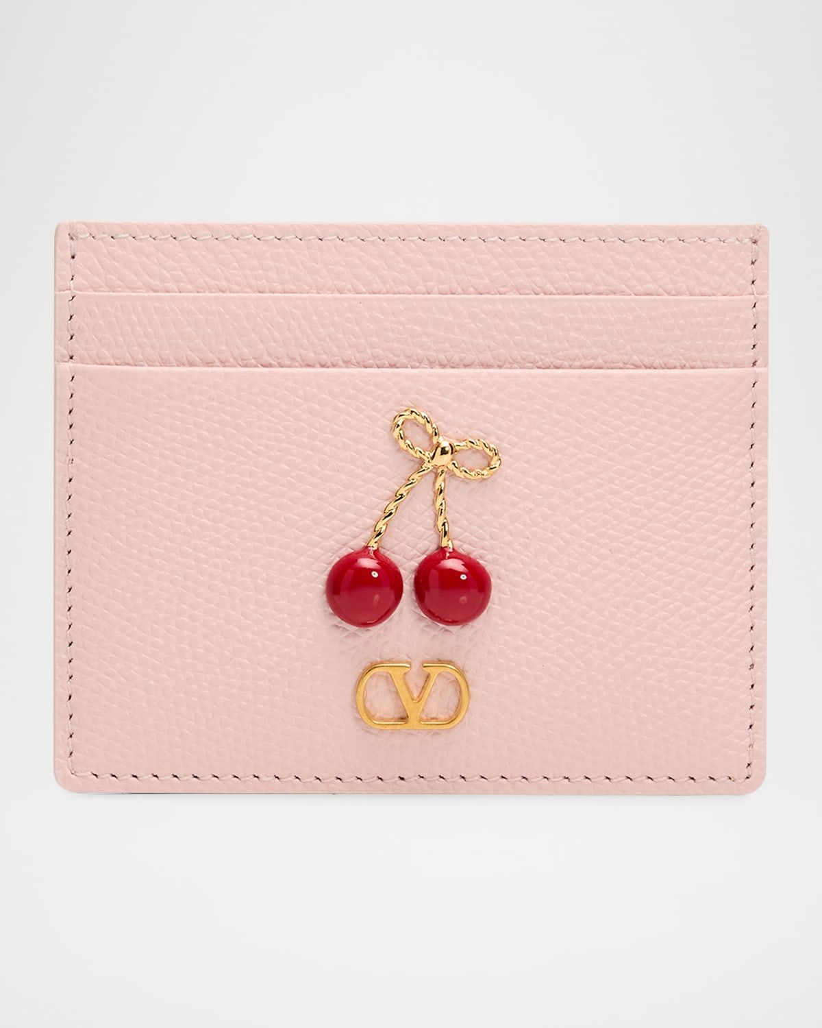 Cherry-Embellished Leather Card Case